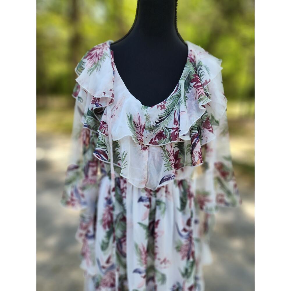 POL Women's Medium Floral Short Tunic Ruffled Hem Tie Dress Boho